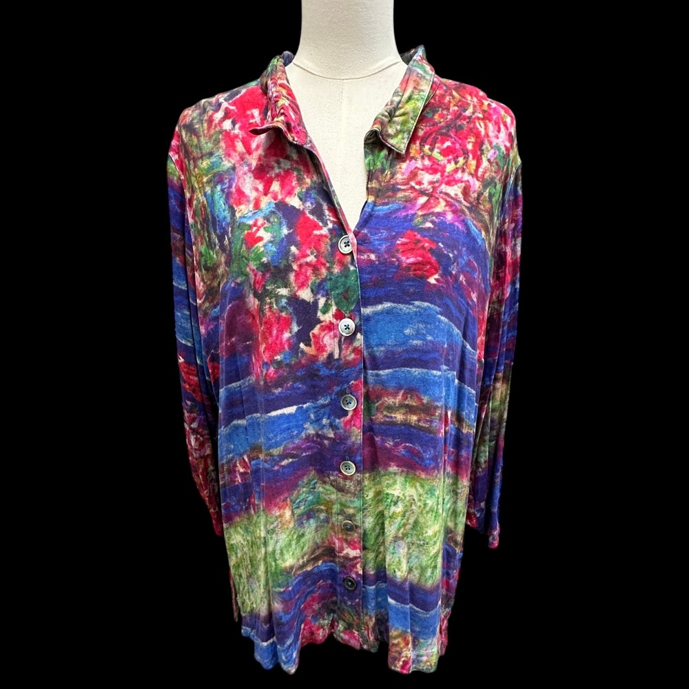 John Mark Button Down Shirt Women 1X Colorful Abstract Impressionist Art to Wear